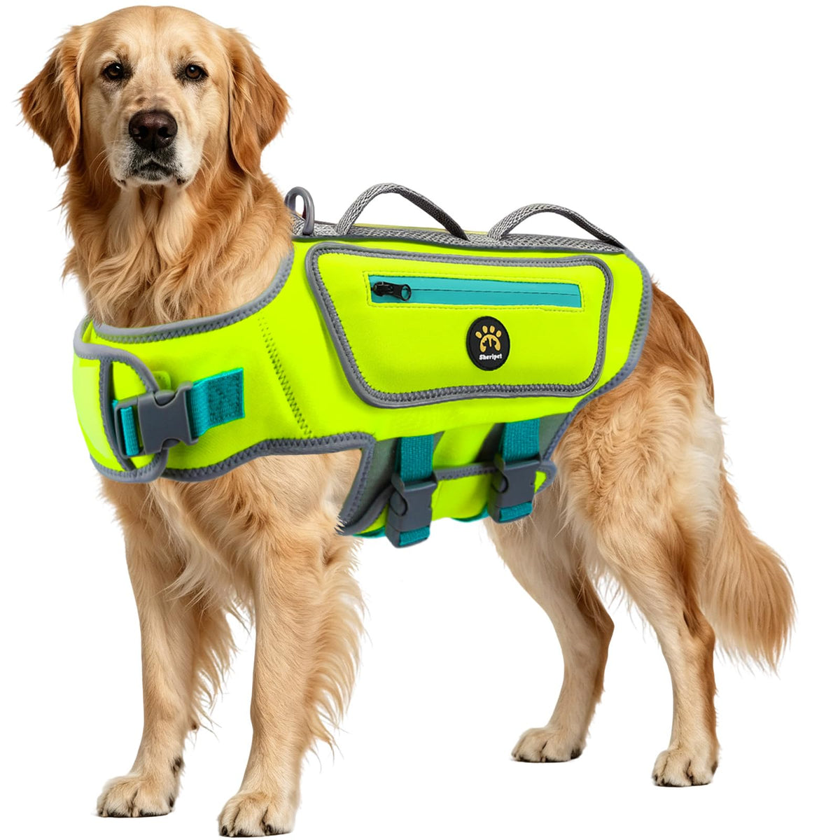 Sheripet dog life jacket shown from the front.