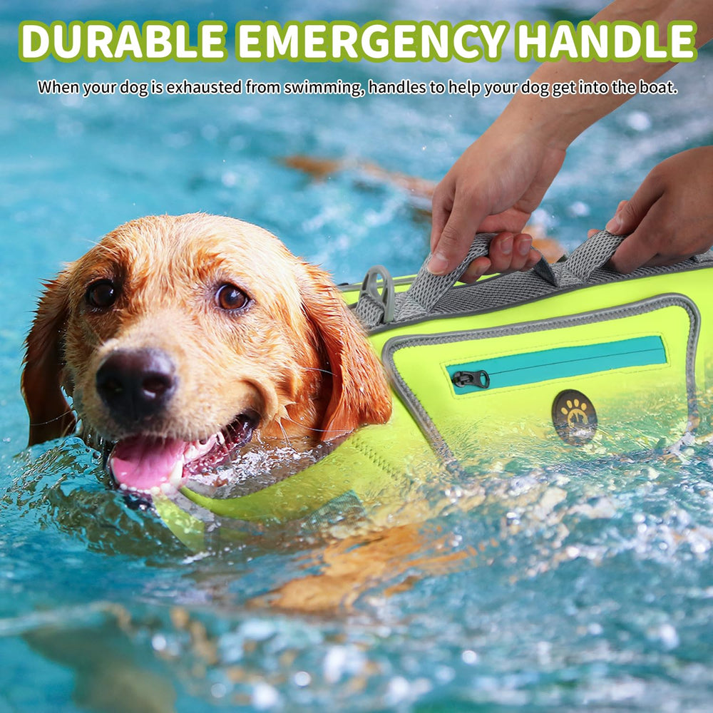 Sheripet dog life jacket with bright colors and reflective stripes.