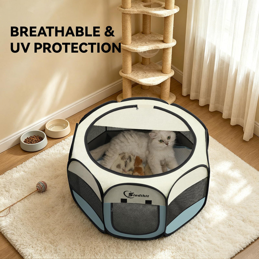 Siedihit pet playpen with the included blanket shown beneath the enclosure.