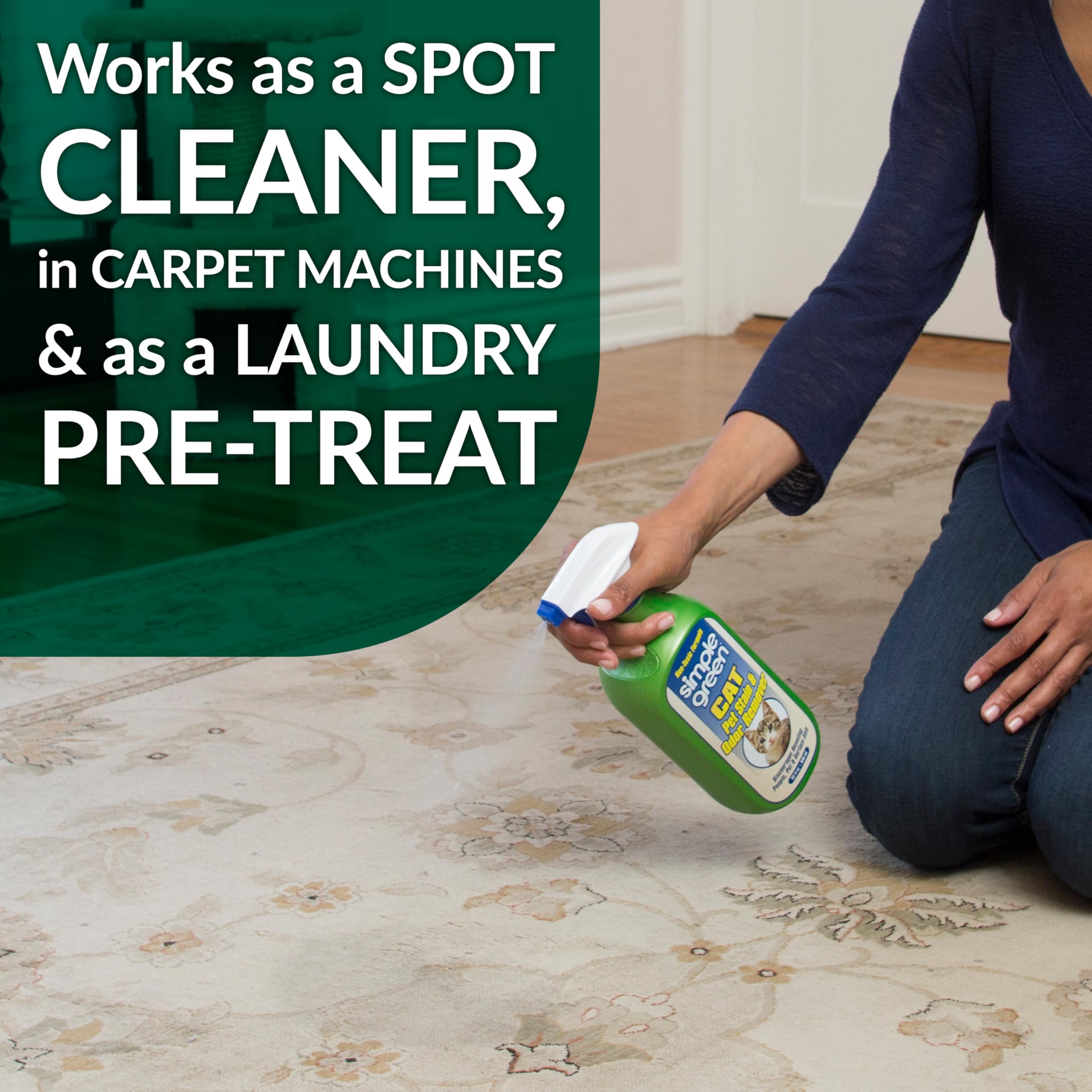 Simple Green Cat Stain & Odor Remover shown being used on upholstery.