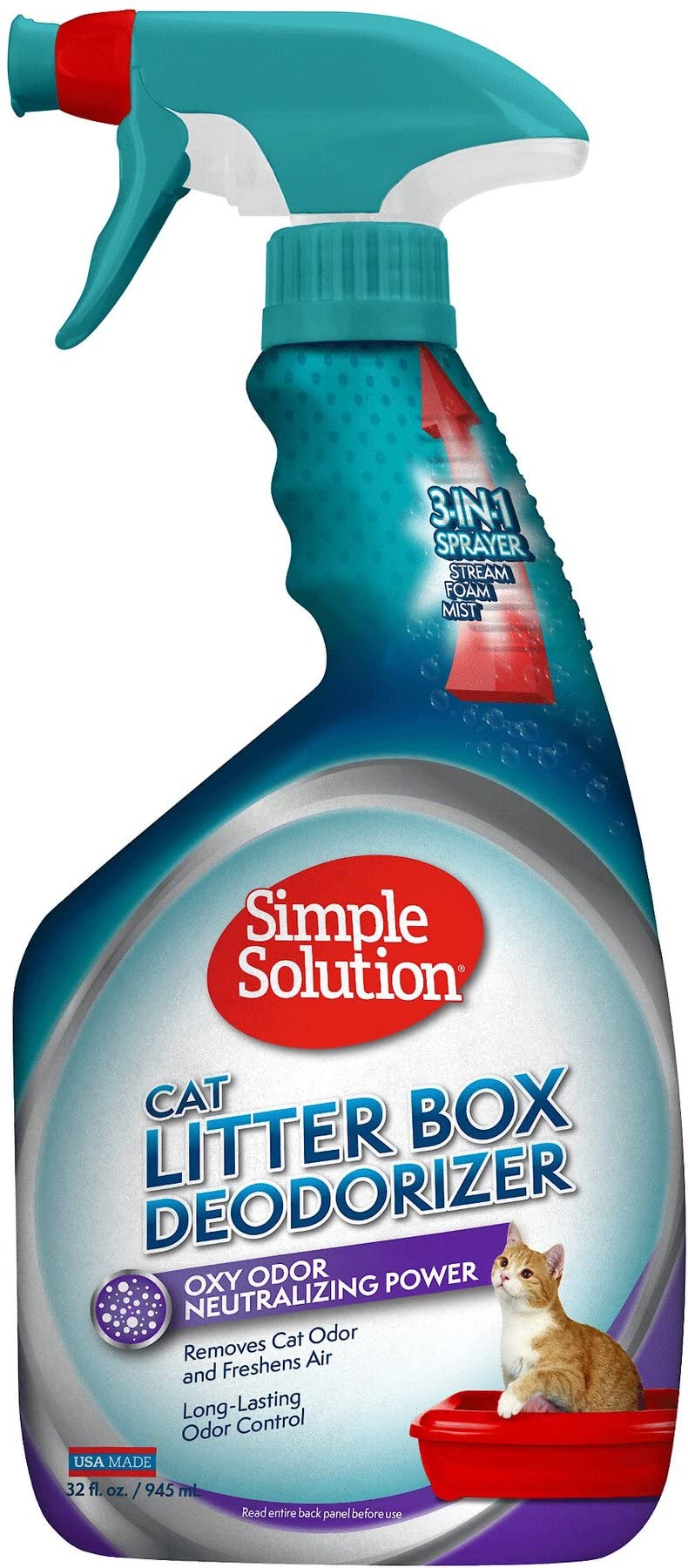 Simple Solution Cat Litter Deodorizer bottle shown from the front.