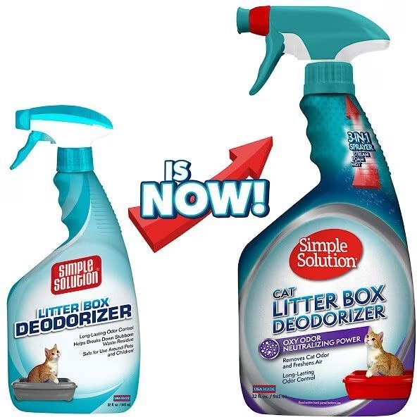 Simple Solution Cat Litter Deodorizer shown beside a cat litter area.
