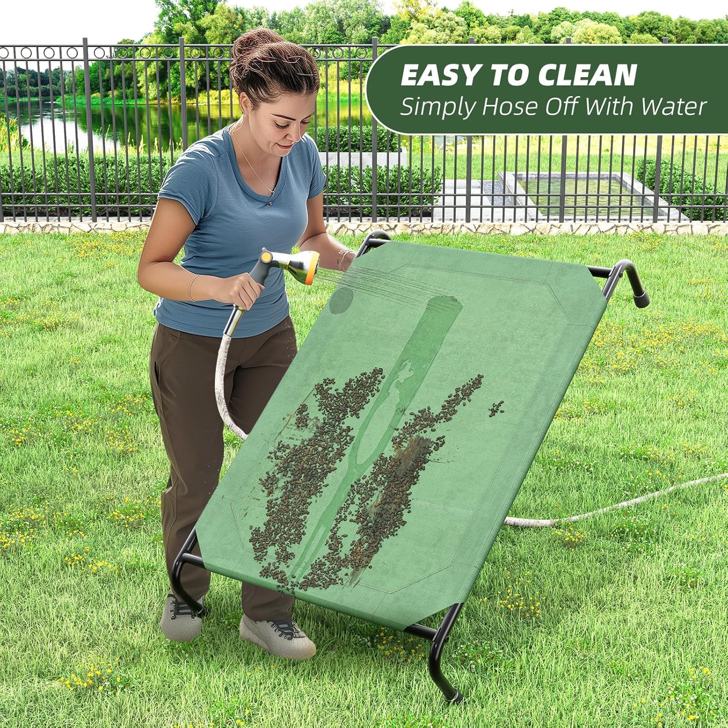 Simple Trending elevated dog bed shown set up for outdoor use.