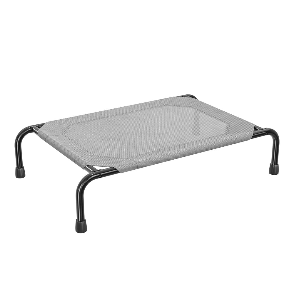 Simple Trending elevated dog bed shown from the front with its grey mesh cot and raised frame.