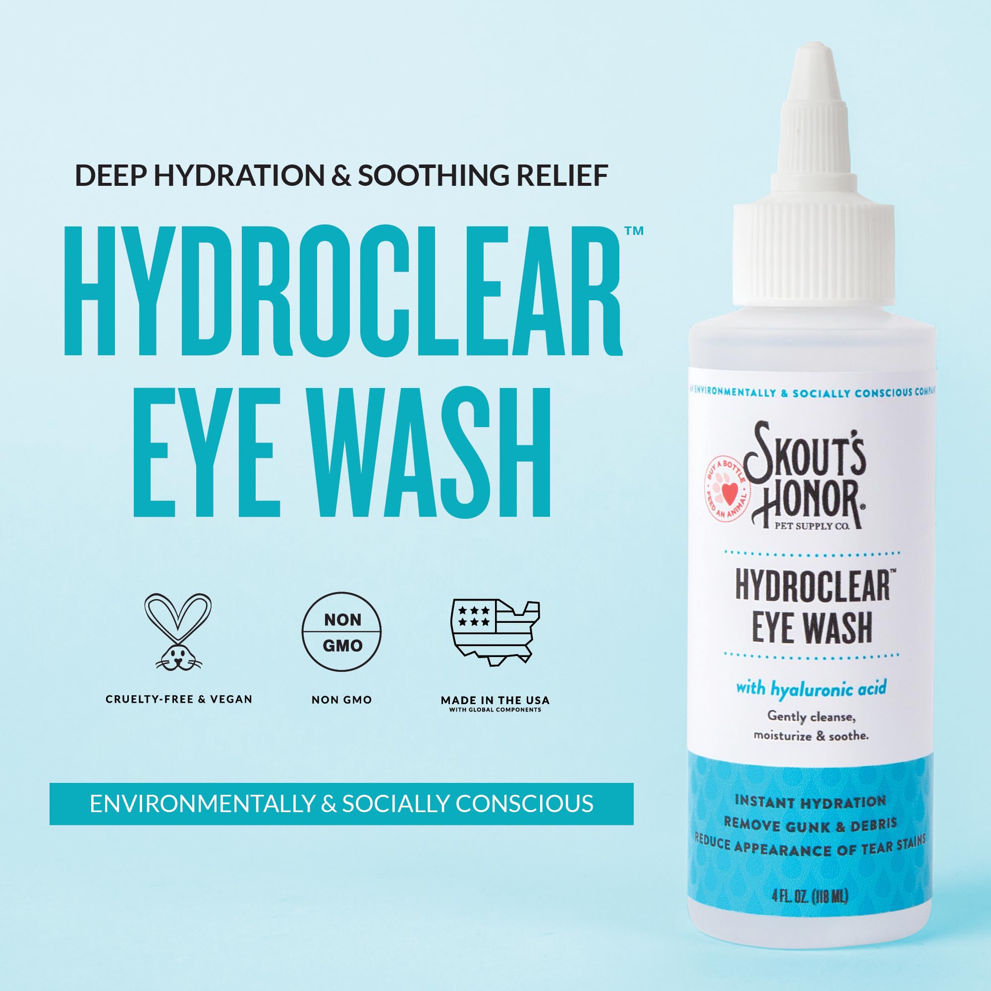SKOUT'S HONOR HydroClear Eye Wash formula shown in a close-up detail.