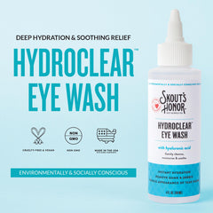 SKOUT'S HONOR HydroClear Eye Wash formula shown in a close-up detail.