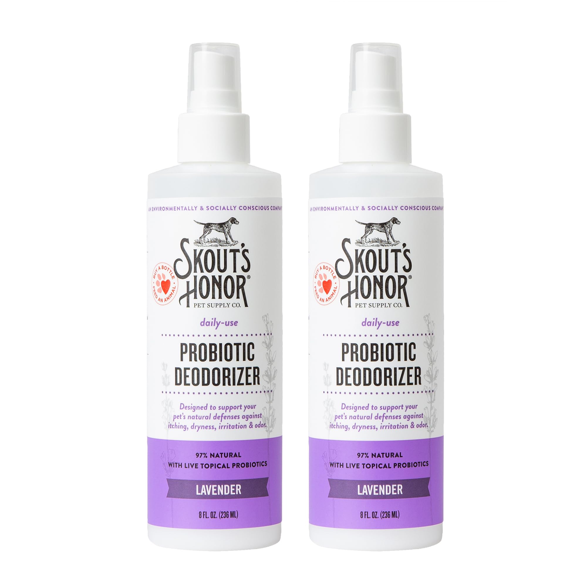 SKOUT'S HONOR Probiotic Dog Deodorizing Spray bottle shown from the front.