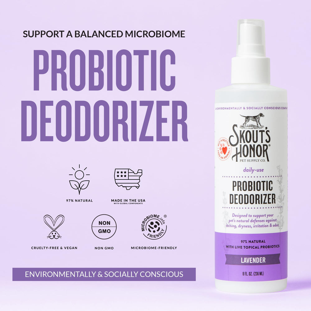 SKOUT'S HONOR Probiotic Dog Deodorizing Spray lavender label shown close up.