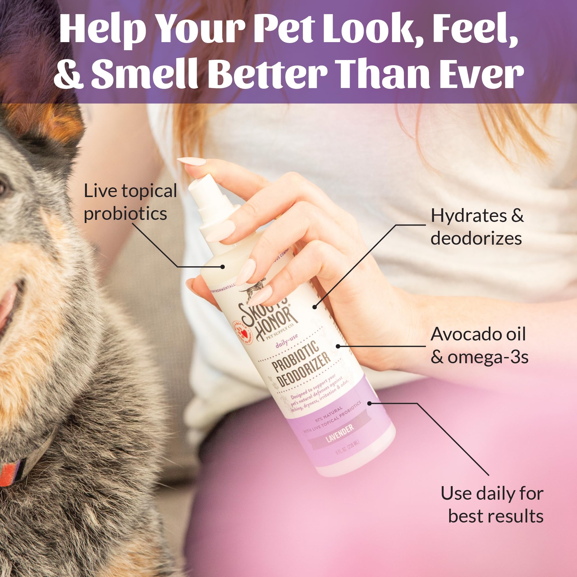 Two SKOUT'S HONOR Probiotic Dog Deodorizing Spray bottles shown together.