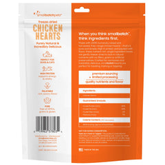 The ingredient panel on smallbatch chicken heart treats packaging