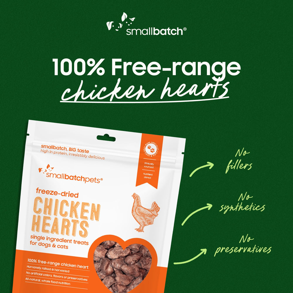 smallbatch chicken heart treats shown as whole freeze-dried pieces