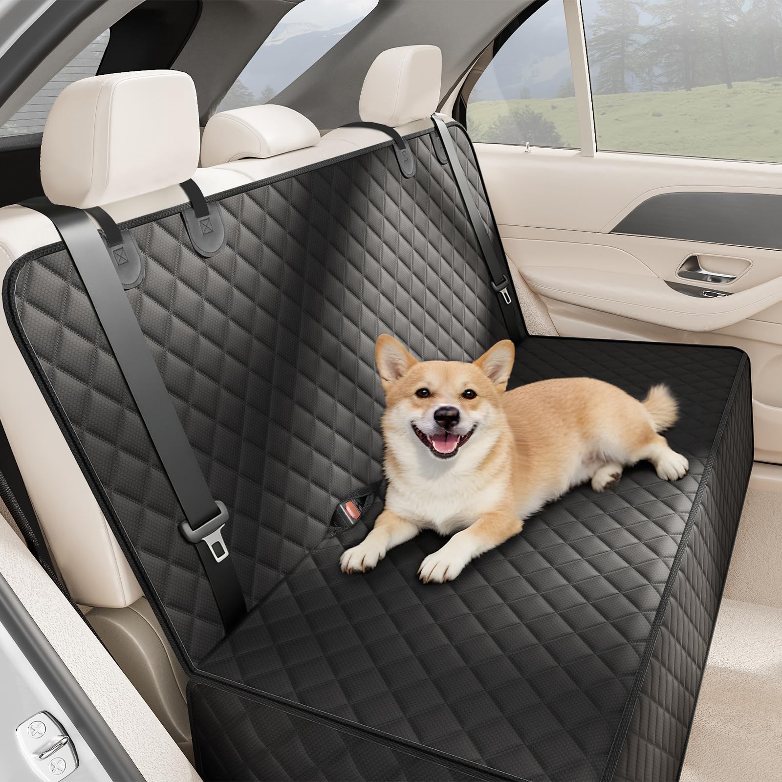Smatto Back Seat Cover for Dogs fitted across a car’s rear bench seat.