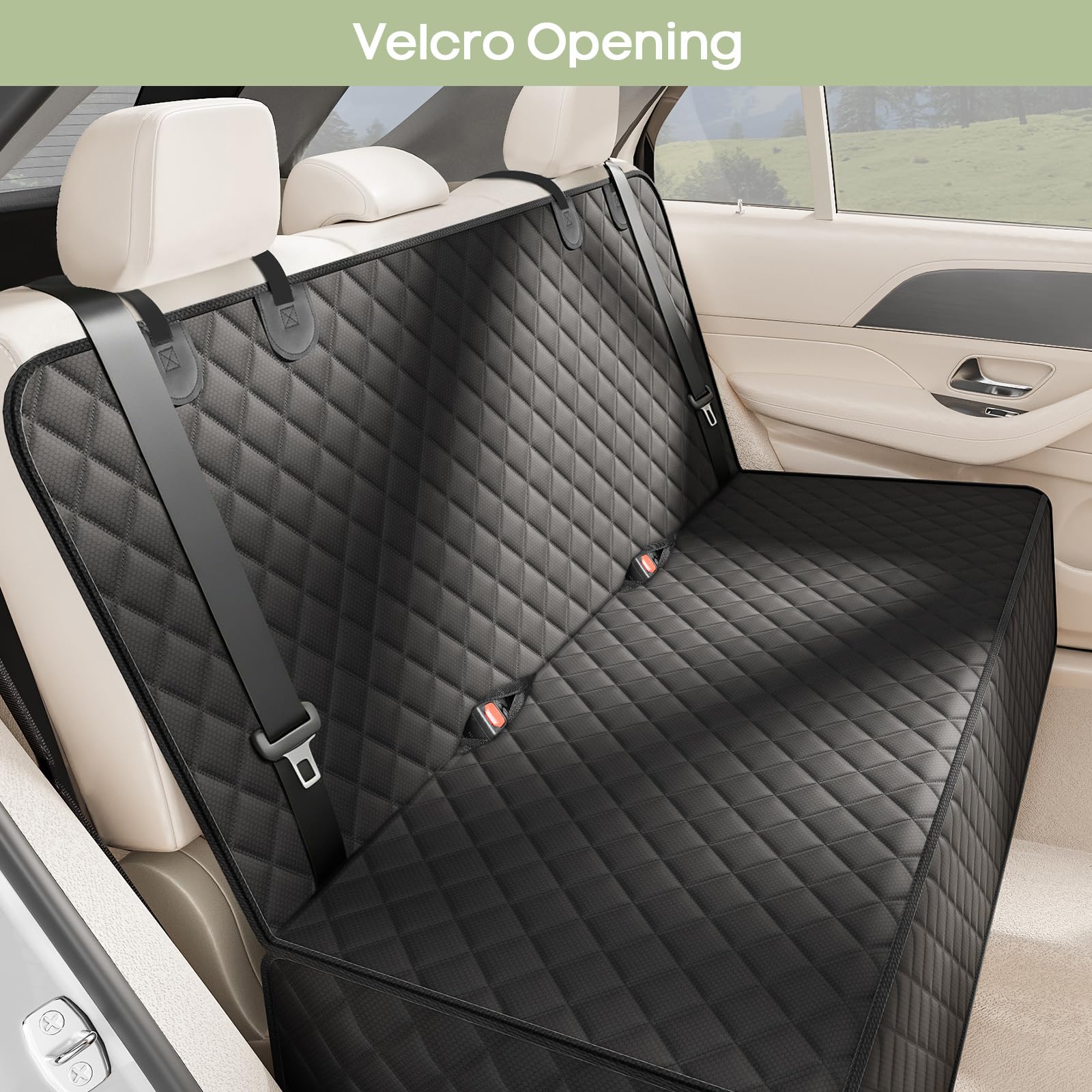 Smatto Back Seat Cover for Dogs shown with the Velcro seat-belt openings.