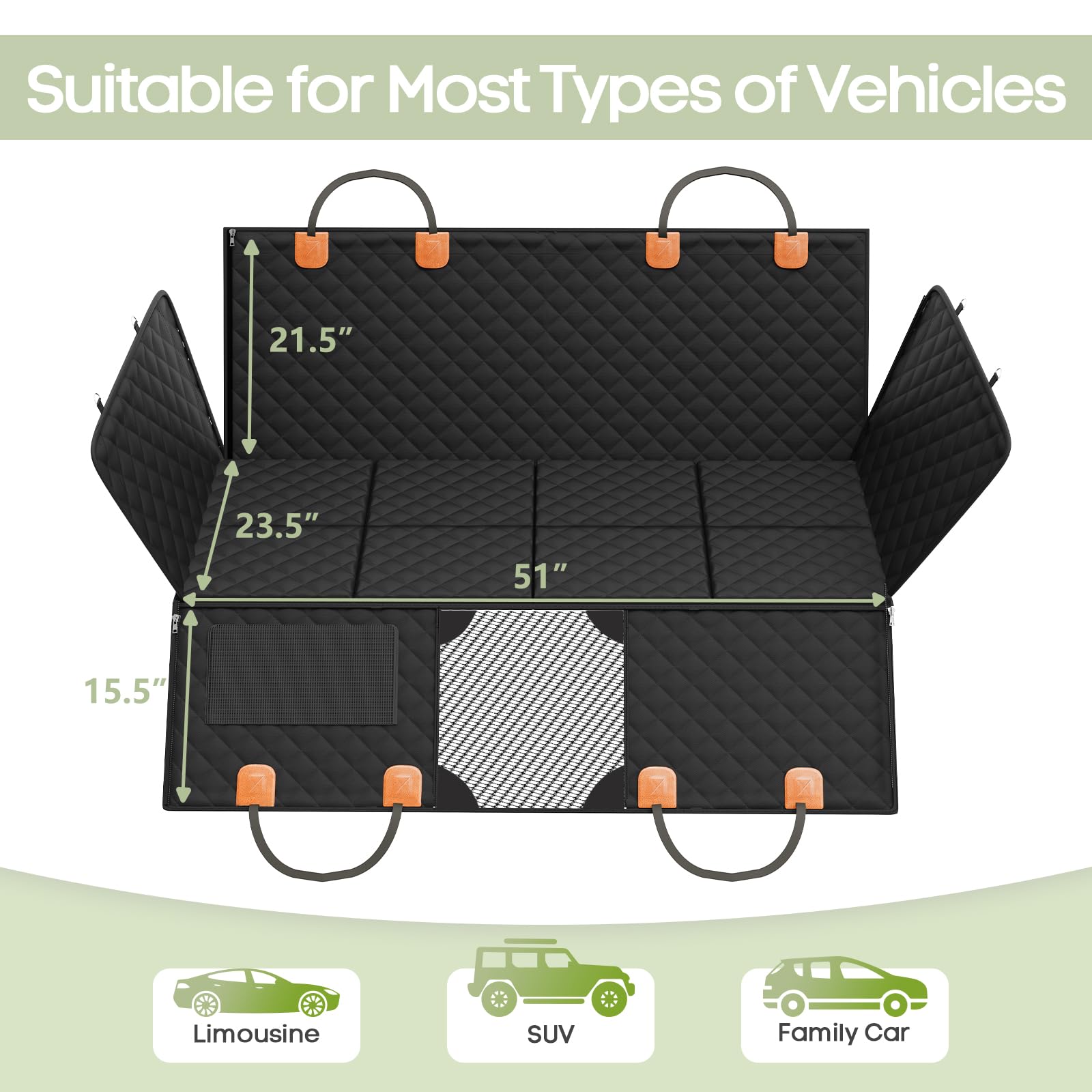 Sm satto Dog Car Seat Cover showing adjustable straps that hold the side flaps upright.