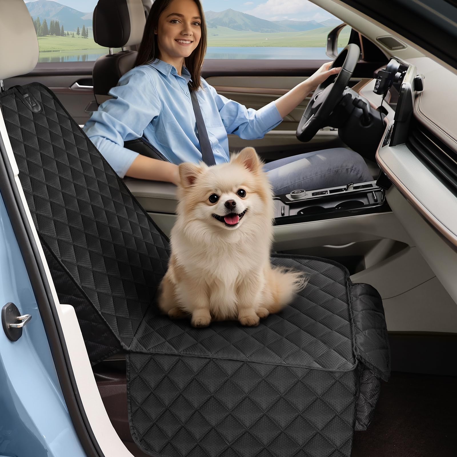 Smatto dog car seat cover being cleaned with a damp cloth.