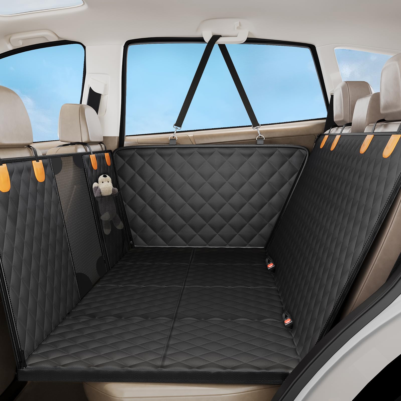 Sm satto Dog Car Seat Cover shown from the front with its hard-bottom back-seat extender.