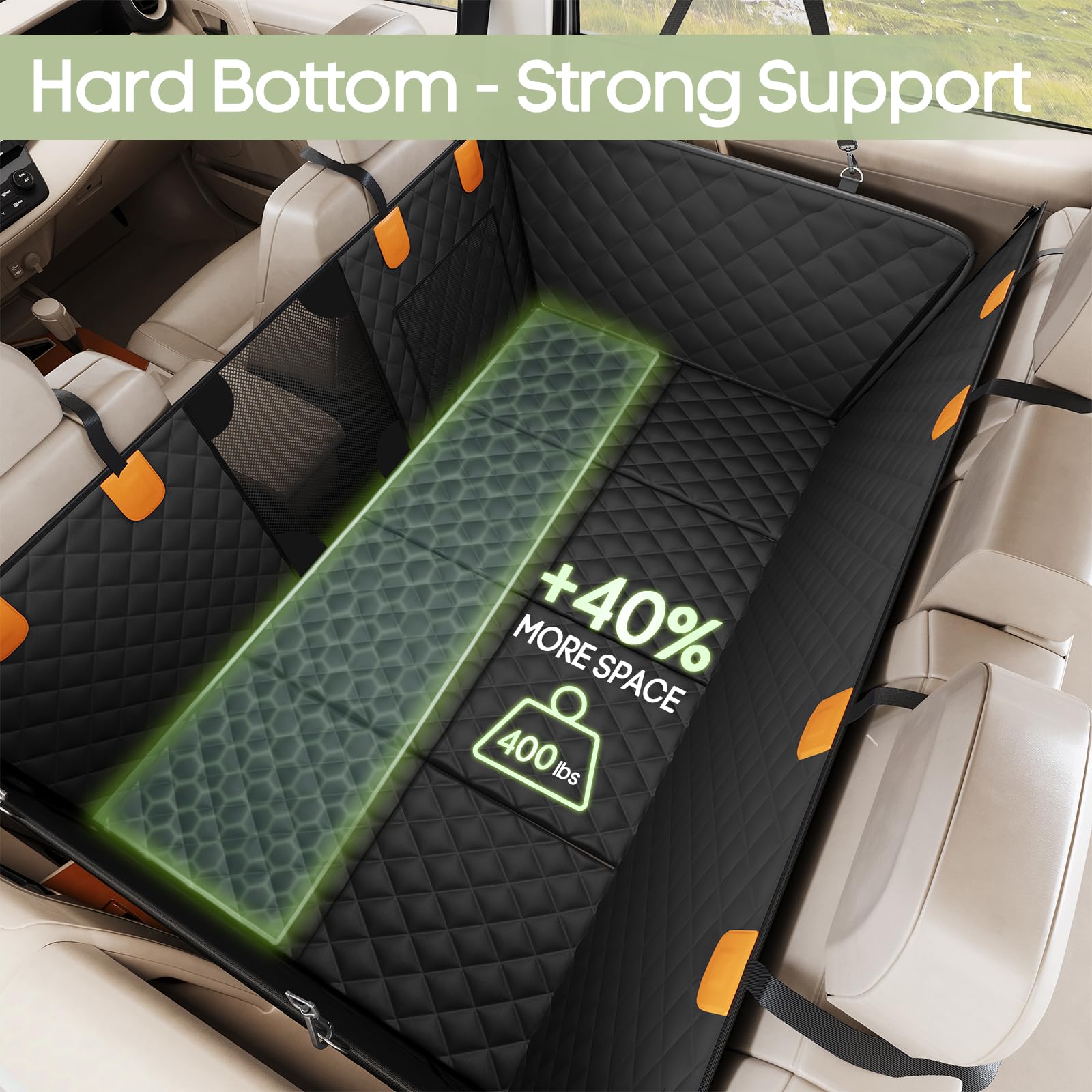 Sm satto Dog Car Seat Cover showing the reinforced panels beneath the extended riding area.