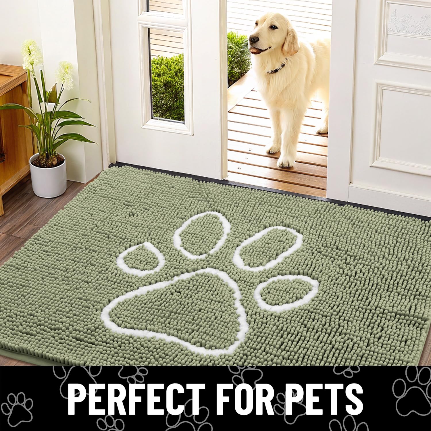 Smiry dog door mat surface shown collecting tracked-in dirt and moisture.