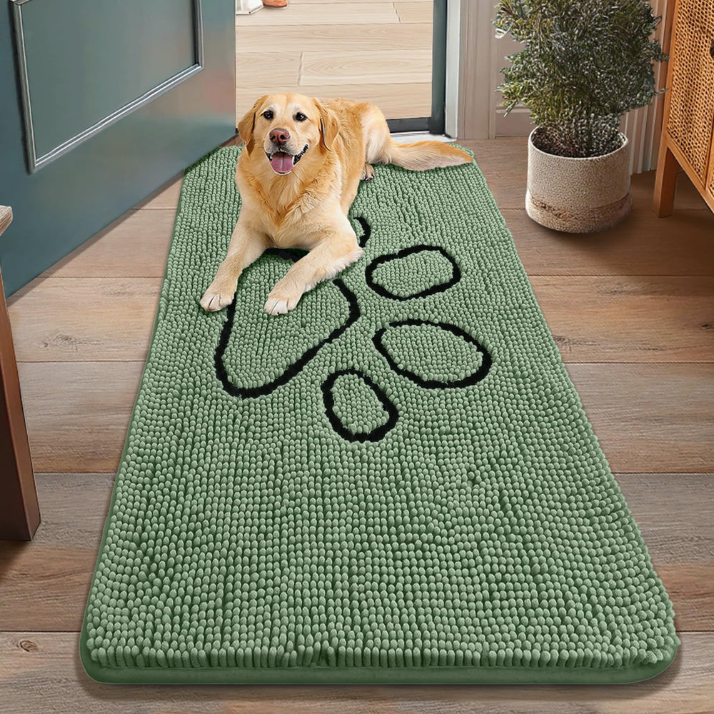Smiry dog door mat shown from the front to display its chenille surface.