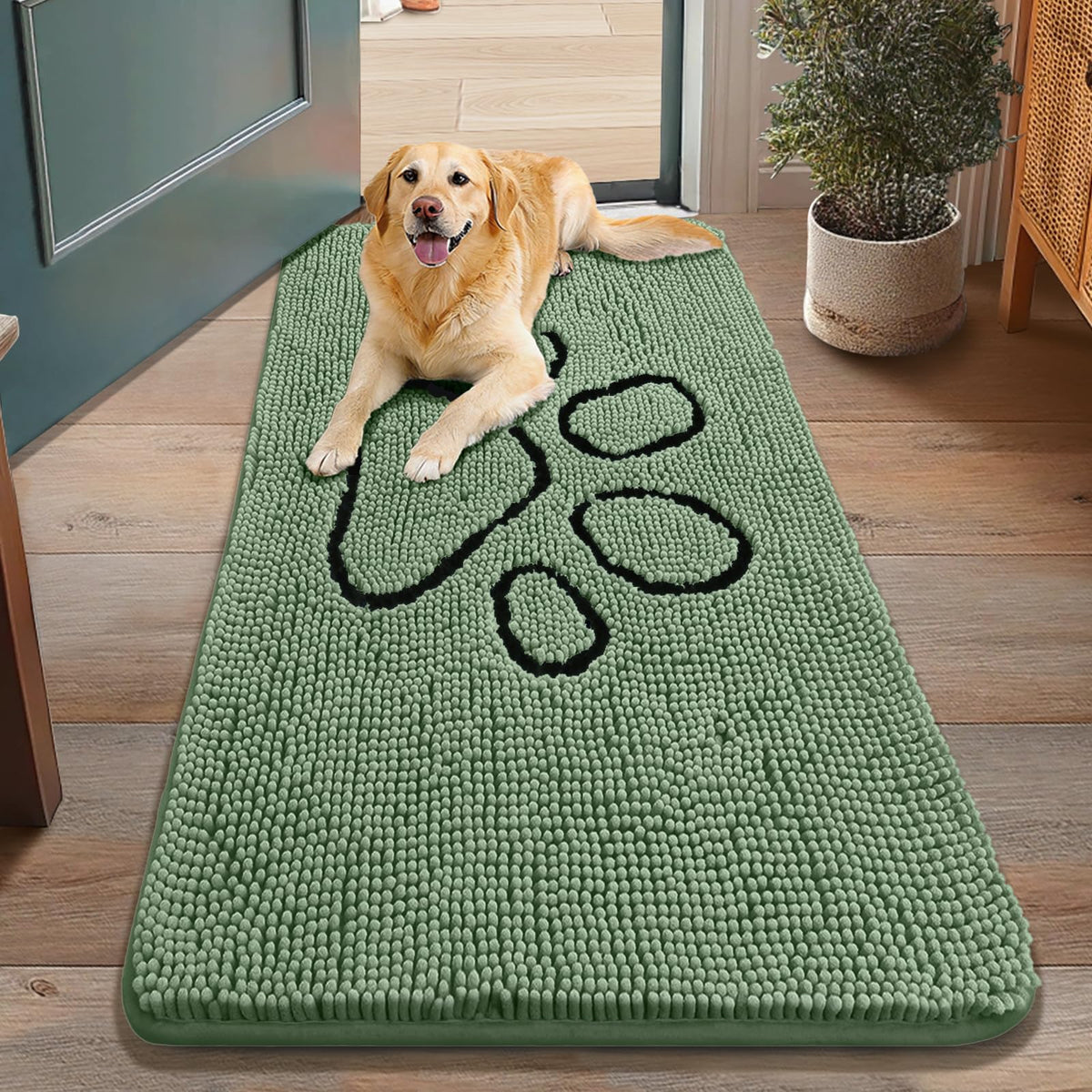 Smiry dog door mat shown from the front to display its chenille surface.