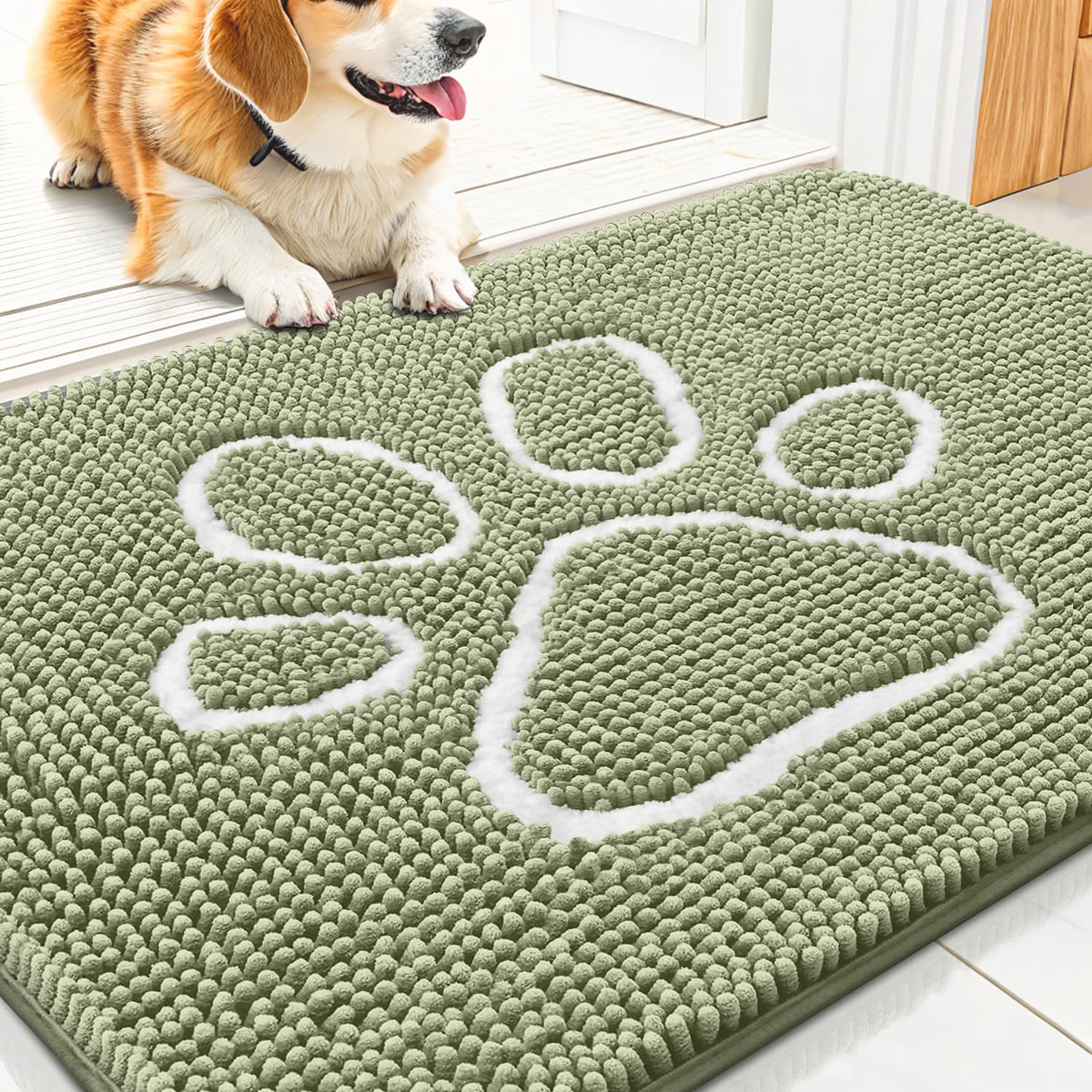 Smiry dog door mat shown from the front to display its overall chenille surface.