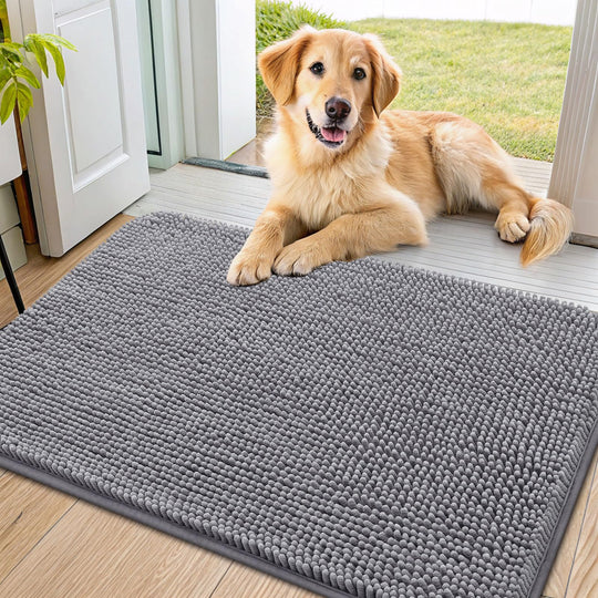 Smiry Dog Door Mat shown from the front to display its chenille surface.