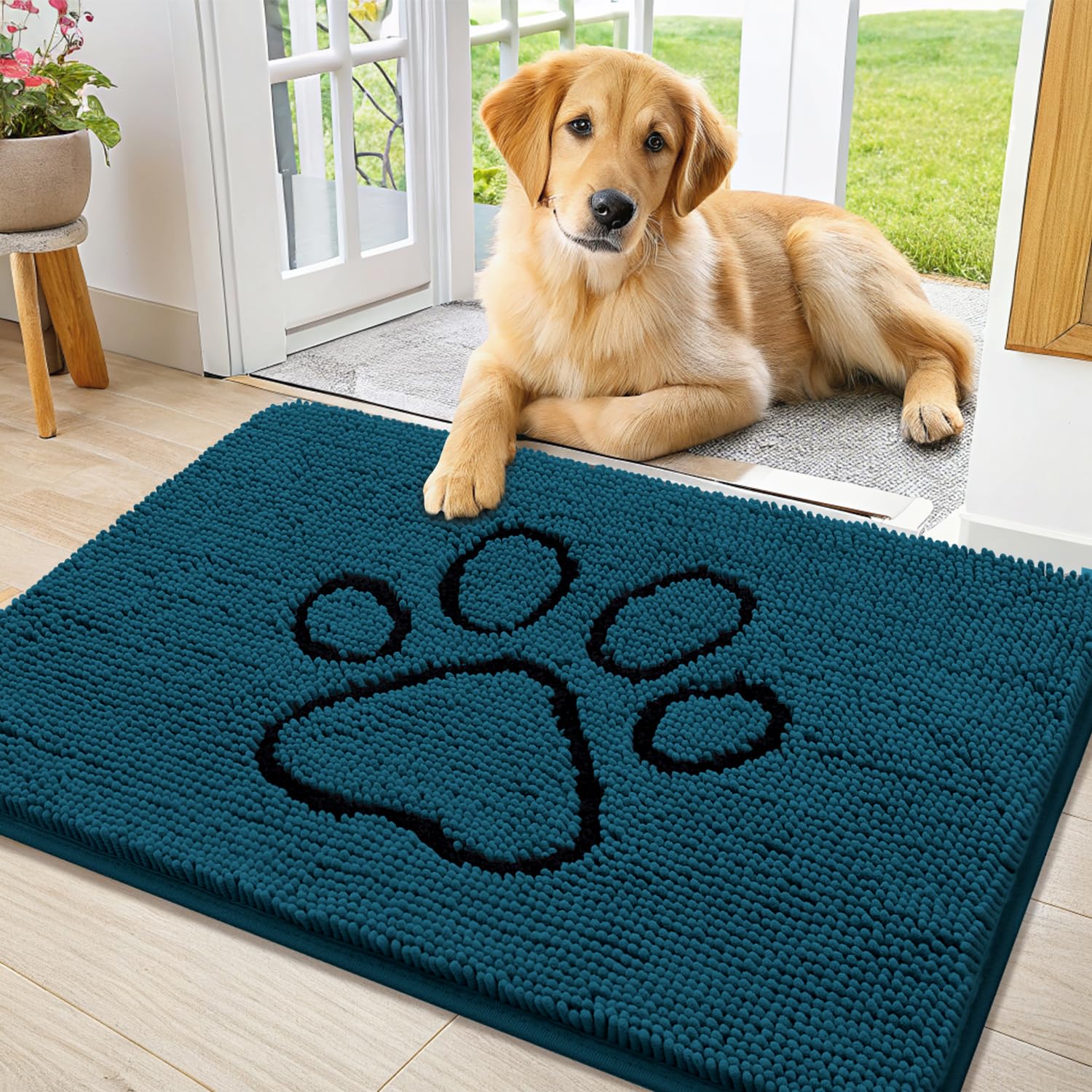 Smiry dog door mat shown from the front with its chenille surface visible.
