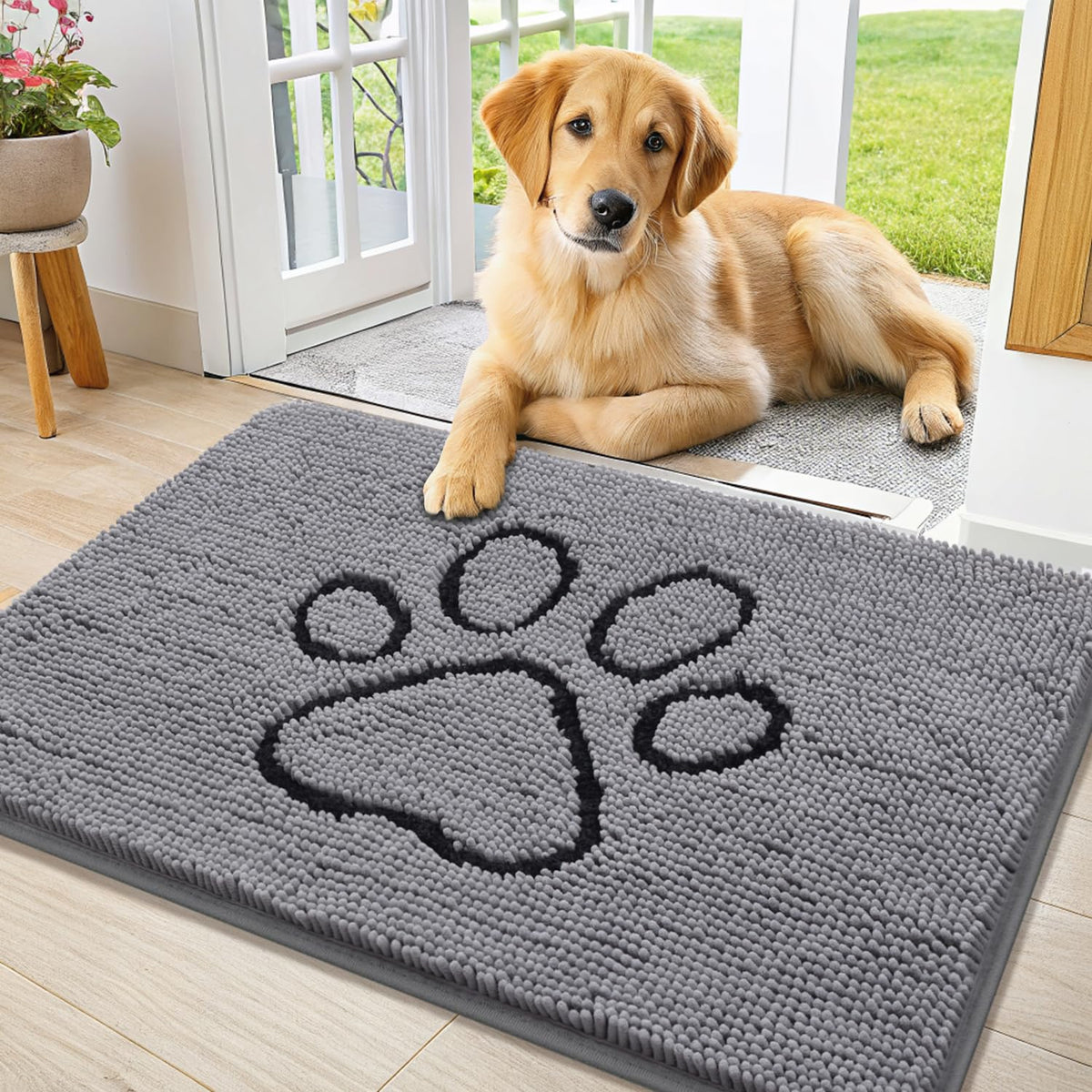 Smiry dog door mat shown from the front to display its overall chenille surface.
