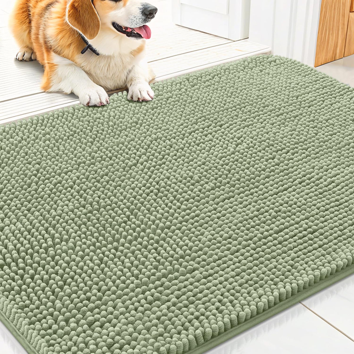 Smiry dog door mat shown from the front to show its overall chenille surface.