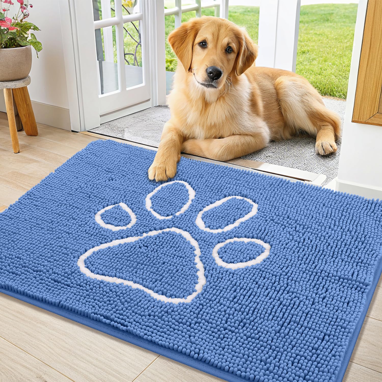Smiry dog door mat shown from the front to display its overall chenille surface.