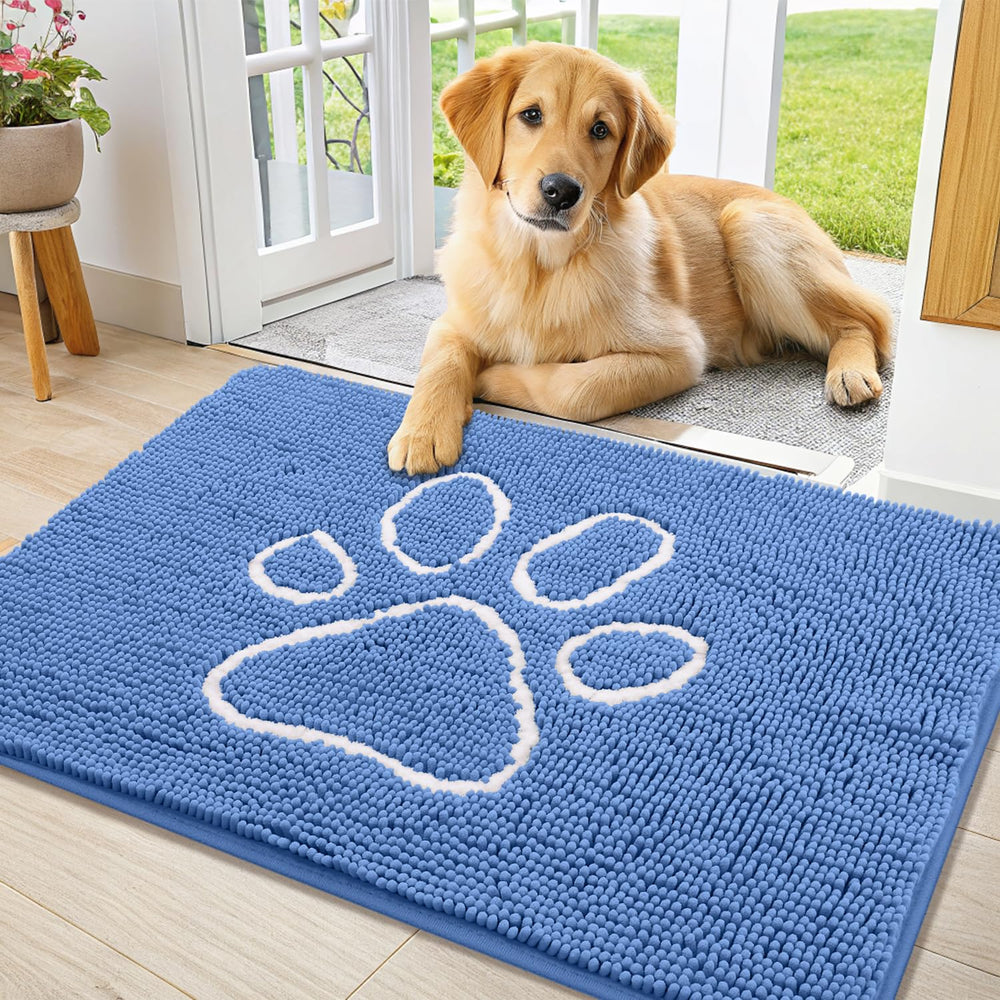 Smiry dog door mat shown from the front to display its overall chenille surface.