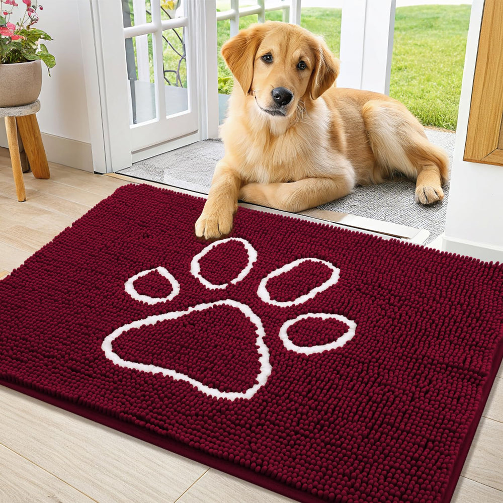 Smiry dog door mat shown from the front with its full chenille surface visible.