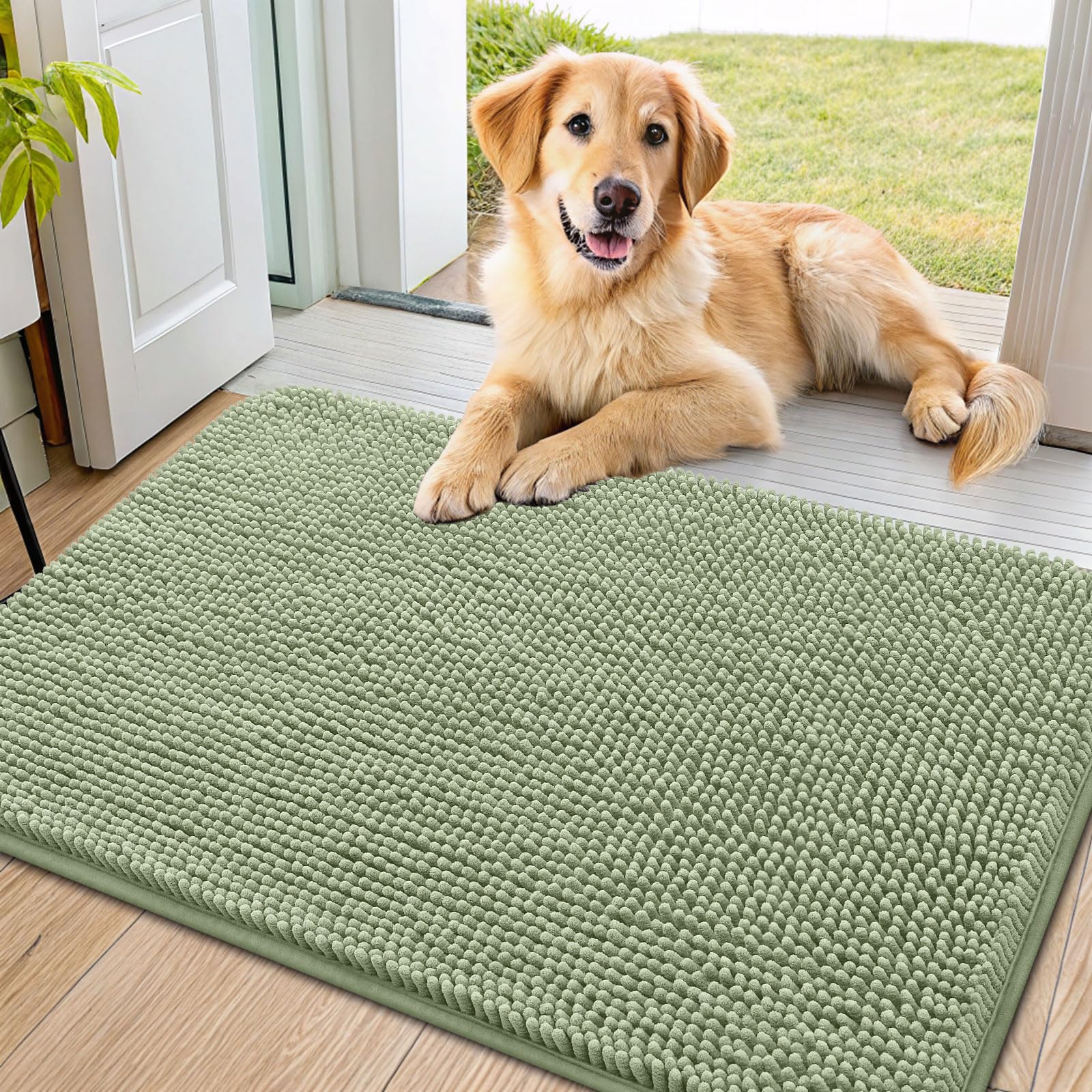 Smiry dog door mat shown from the front, displaying its full chenille surface.