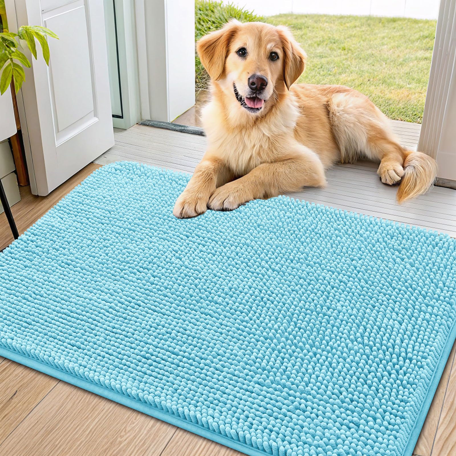 Smiry dog door mat shown from the front, displaying its chenille surface.