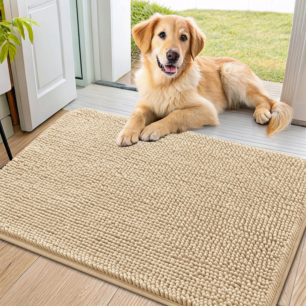 Smiry dog door mat shown from the front to display its chenille surface.
