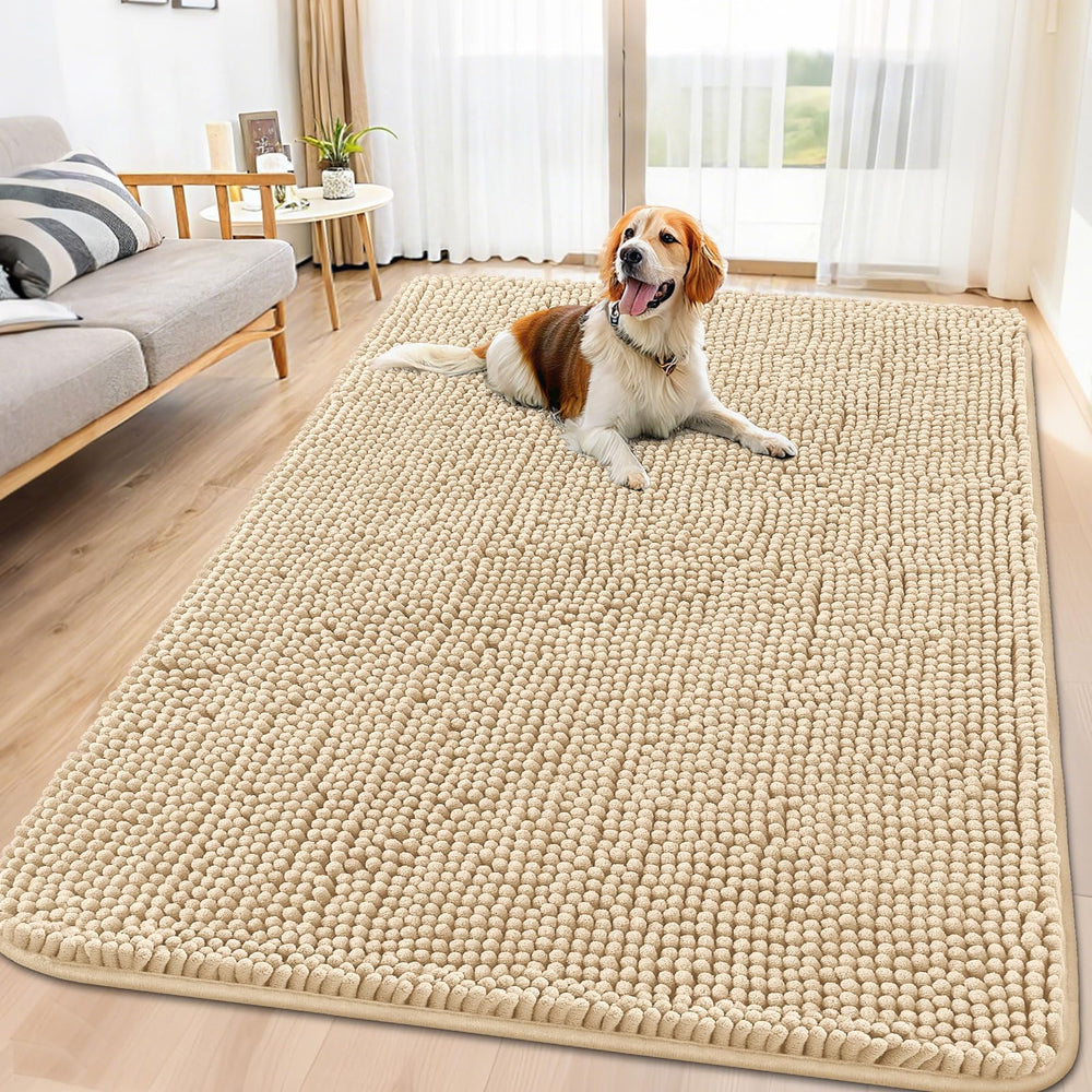Smiry dog door mat shown from the front, displaying its chenille surface.