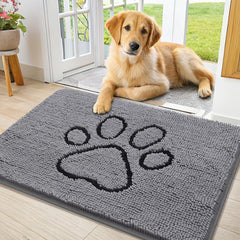 Smiry dog door mat shown from the front to display its overall chenille surface.