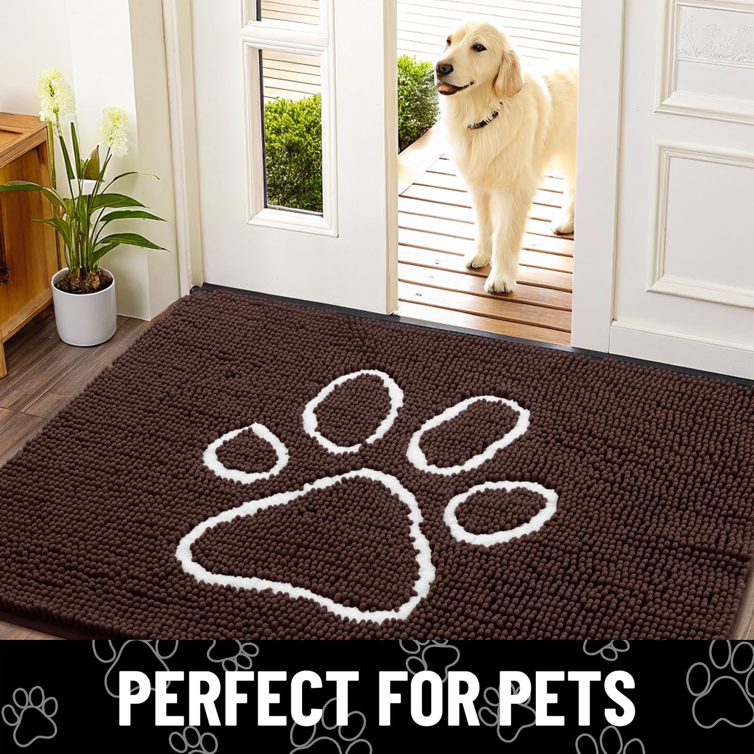 Smiry dog door mat shown collecting moisture at an entrance.
