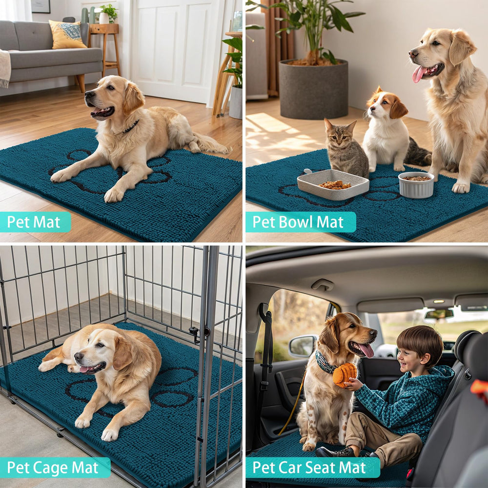 Smiry dog door mat shown in use for cleaning muddy paws.
