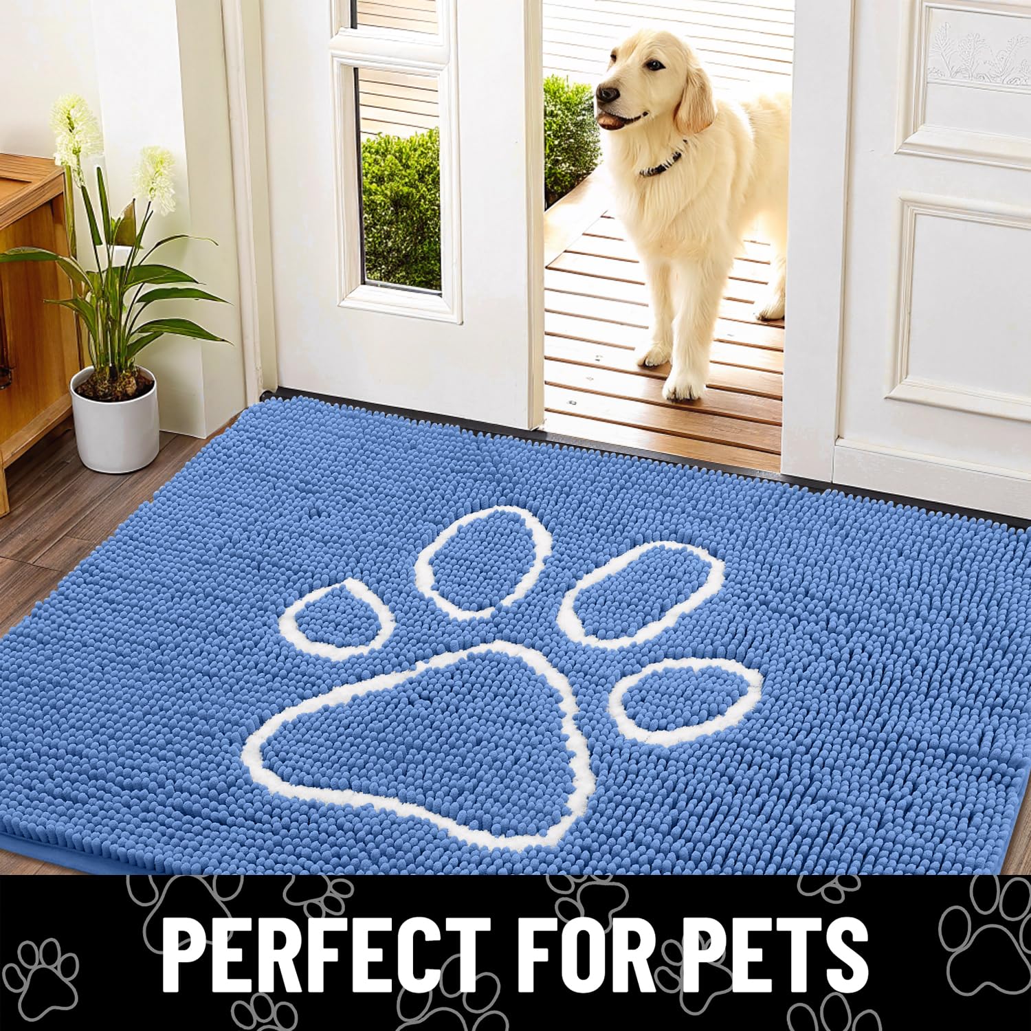 Smiry dog door mat shown in a home entry area.
