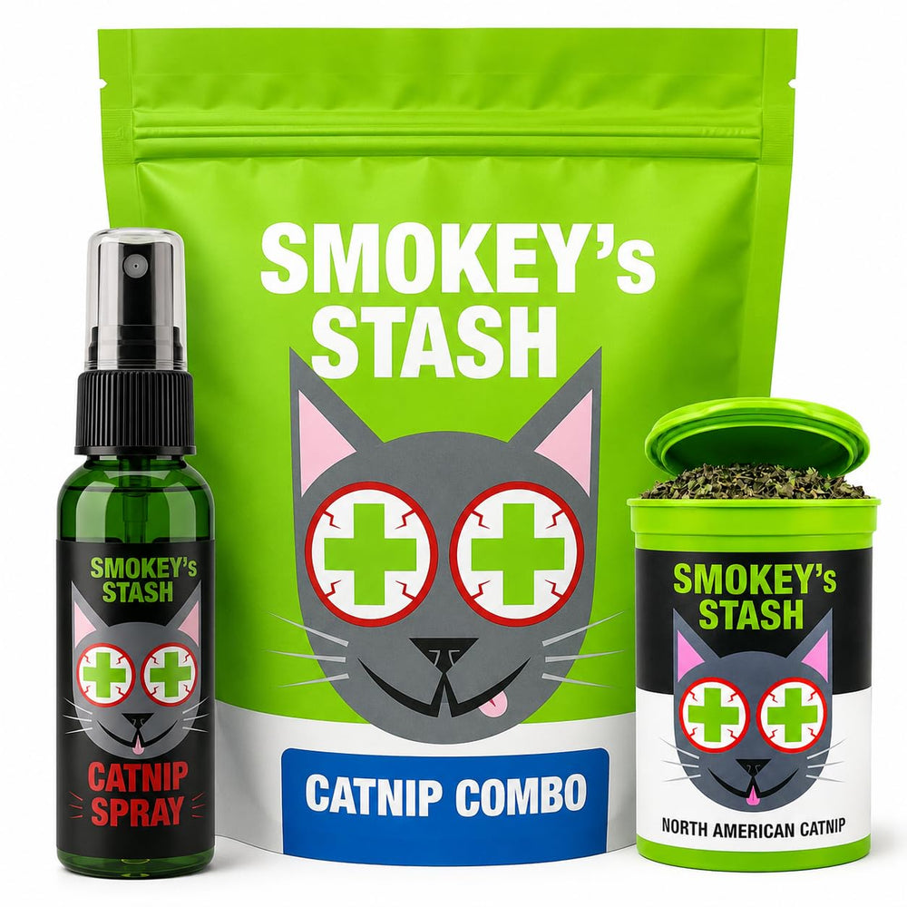 Smokey's Stash catnip spray and dried catnip shown as separate bundle components.