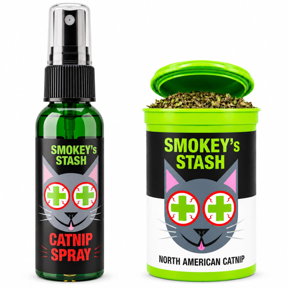 Smokey's Stash catnip bundle with spray and dried catnip can shown together.
