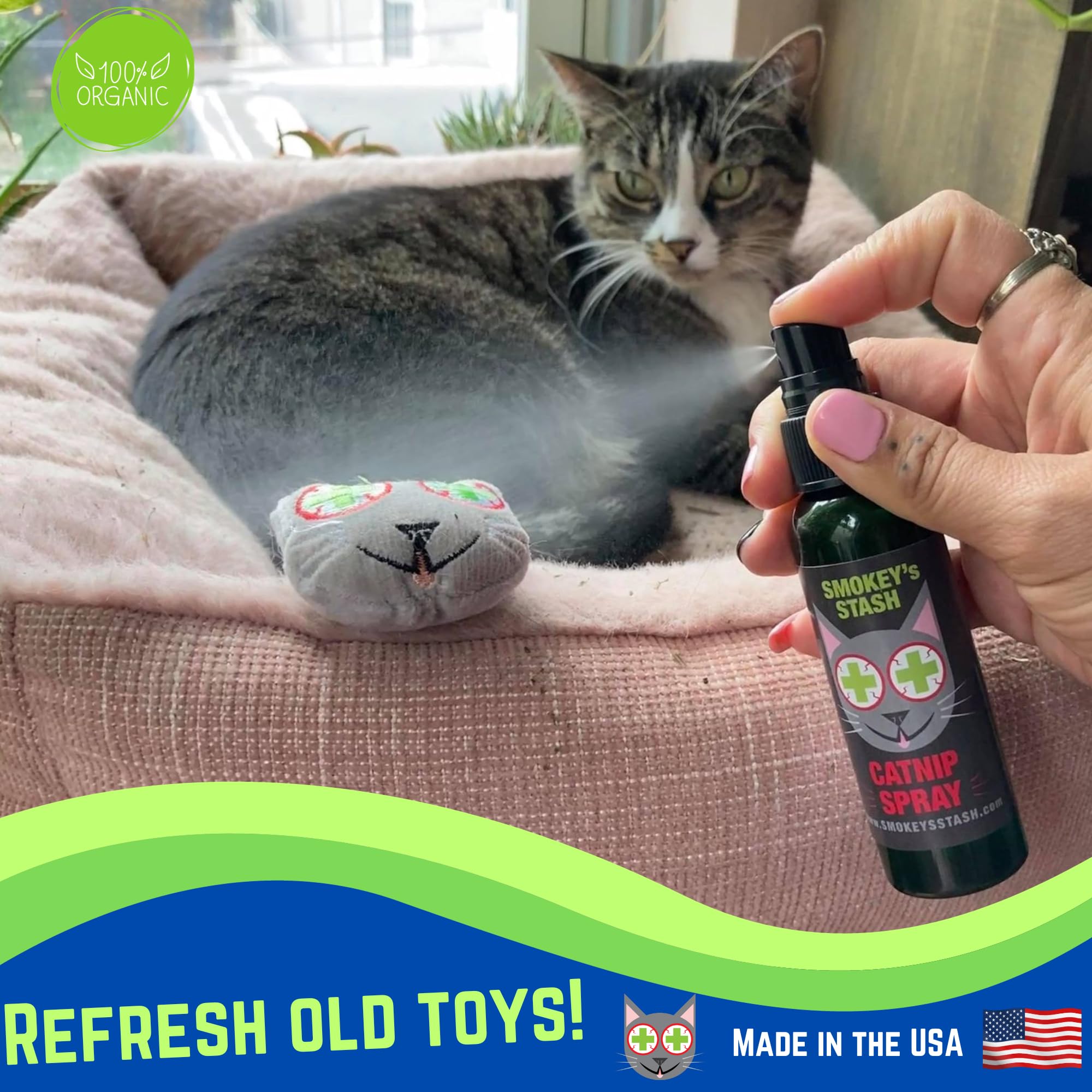 Smokey's Stash catnip spray bottle shown close up.