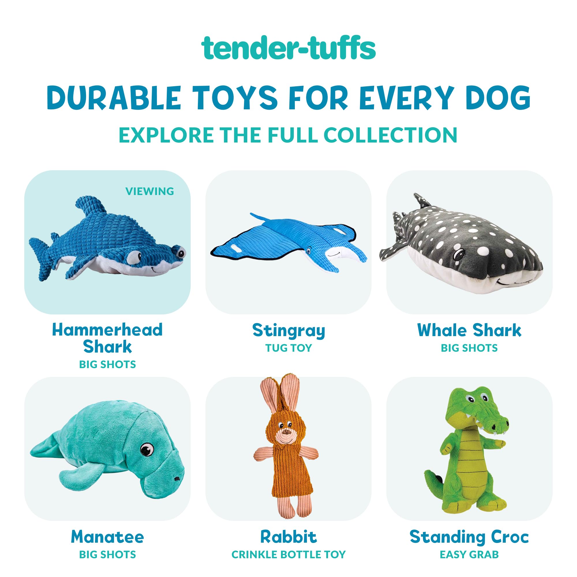 Snuggle Puppy Tender-Tuffs shark dog toy shown during squeaky independent play.