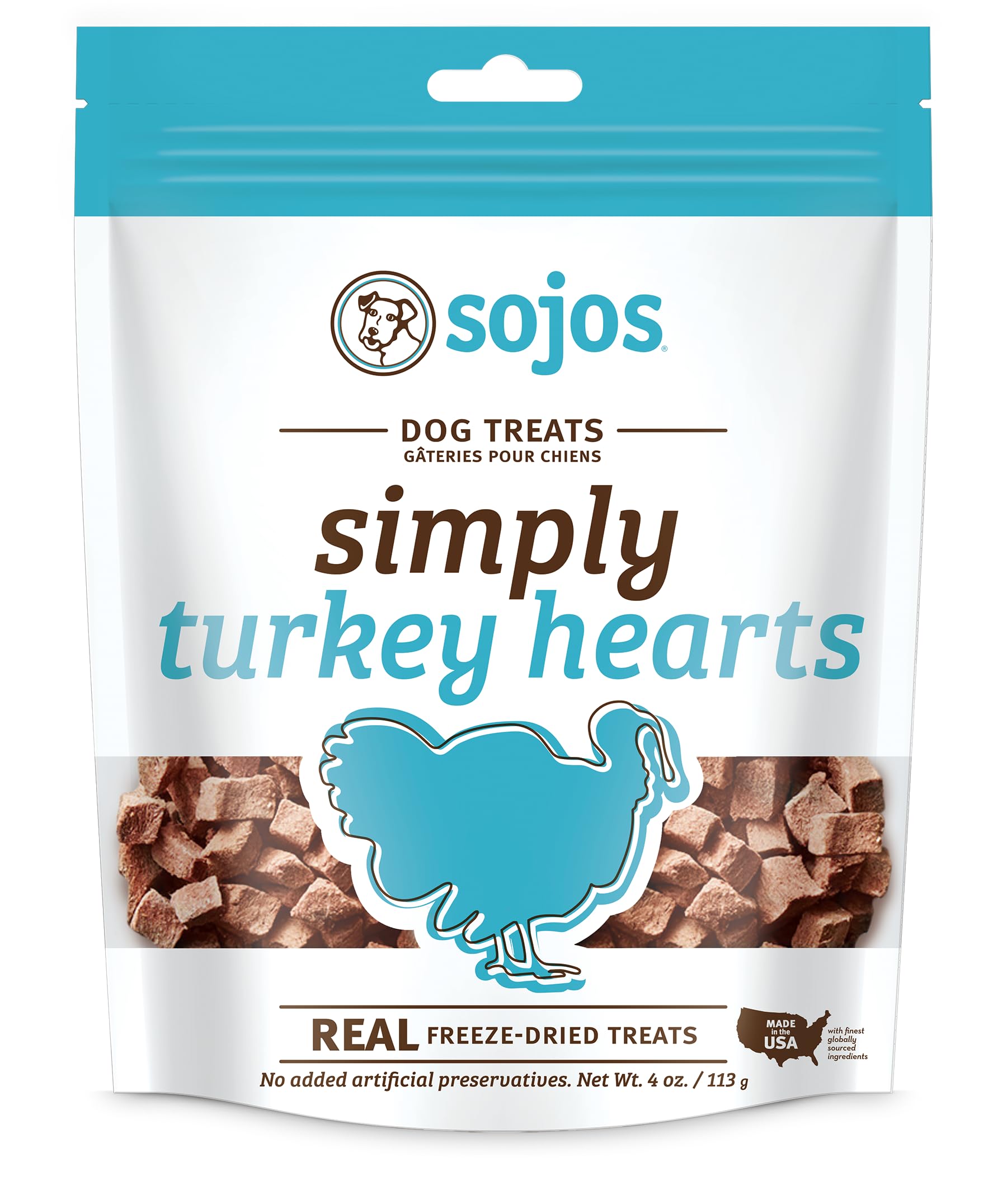 SOJOS turkey heart dog treats shown with the front of the 4 oz bag.