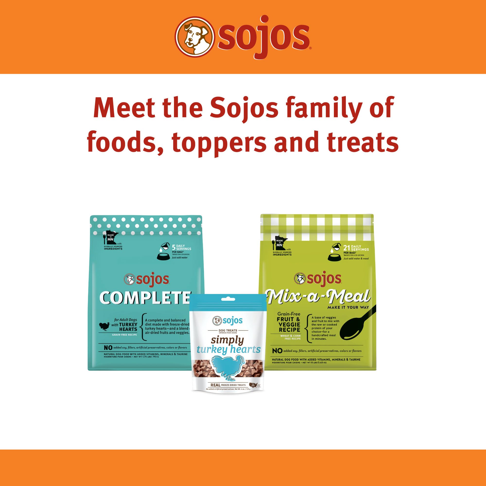 SOJOS turkey heart dog treats shown with the single-ingredient recipe information.
