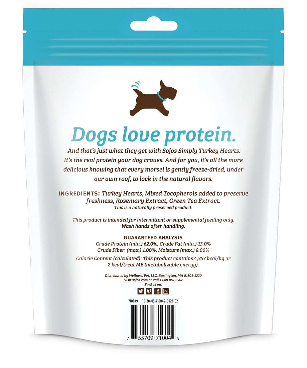 SOJOS turkey heart dog treats shown as bite-size freeze-dried nuggets.