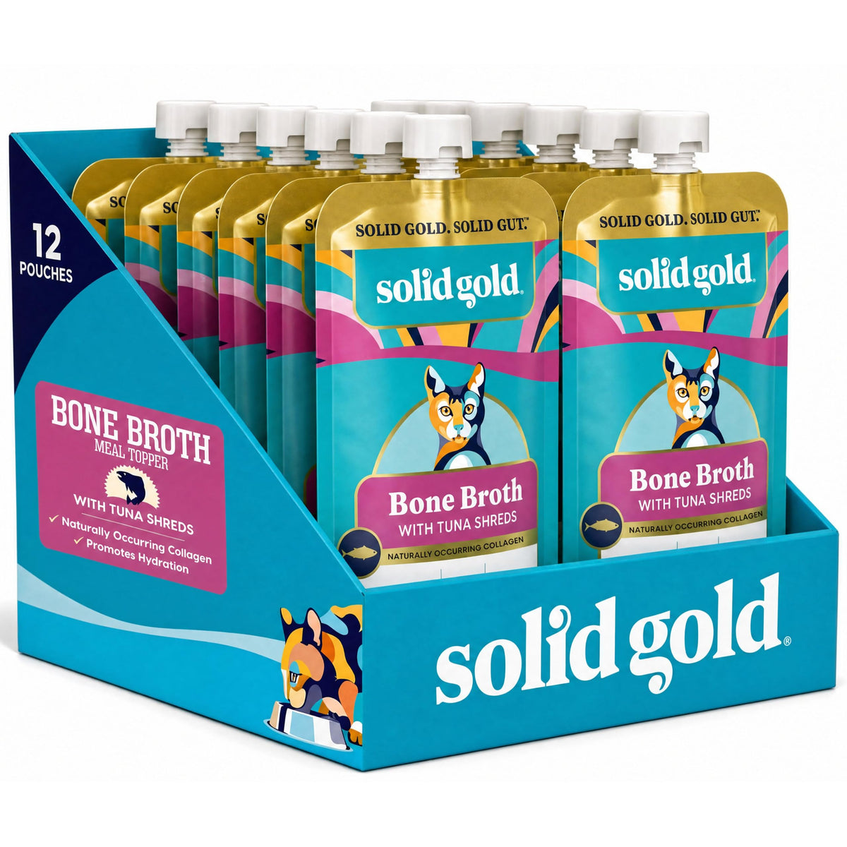 Solid Gold tuna bone broth cat topper pouch shown from the front.