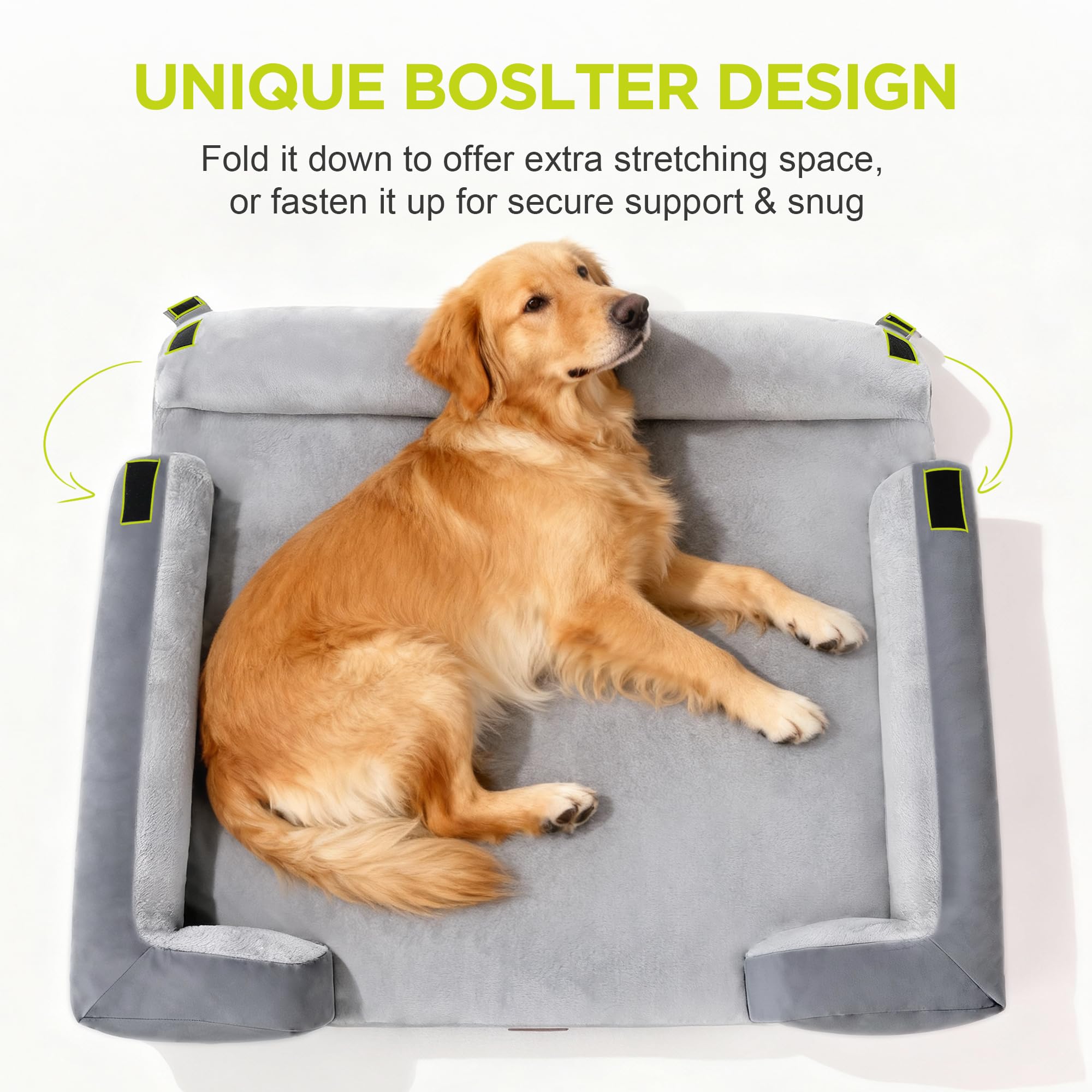 Song Puppy dog bed showing the fold-down bolster secured with Velcro.