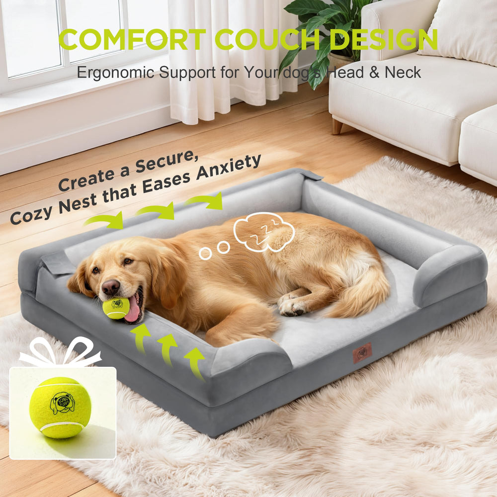 Song Puppy dog bed pictured with its included natural rubber and felt ball toy.